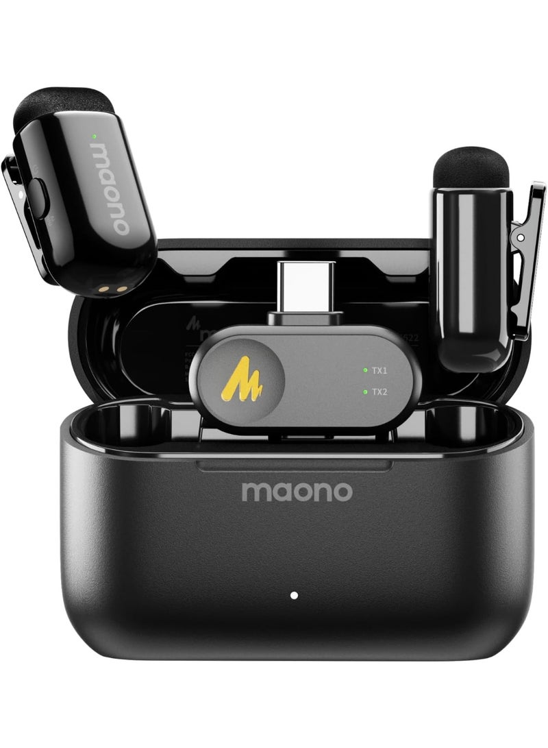 ماونو ميكروفون MAONO Wave T1 اللاسلكي الصغير، مناسب لأجهزة iPhone 16 و15 وأجهزة Android اللوحية، مزود بمنفذ USB-C، وخاصية إلغاء الضوضاء، وفلتر صوت بتقنية الذكاء الاصطناعي، وعمر بطارية يصل إلى 30 ساعة عند الاستخدام مع الملحقات لتسجيل الفيديو على TikTok وYouTube. - Image 1